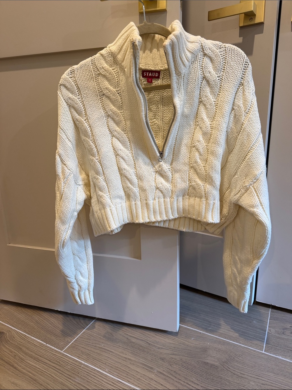 STAUD Cream Cable-Knit Half-Zip Cropped Sweater - Picture 3 of 7